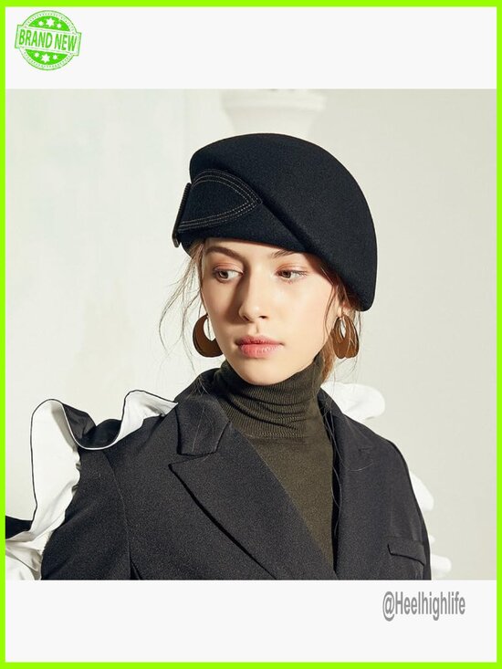 Vintage Wool Felt Beret with Pearl Bow, Adjustable Fedora for Weddings main image 4